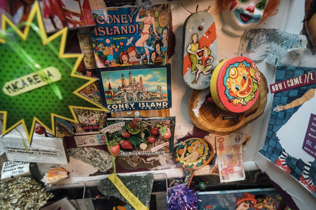 Leitman's office wall features postcards from visits to Coney Island.